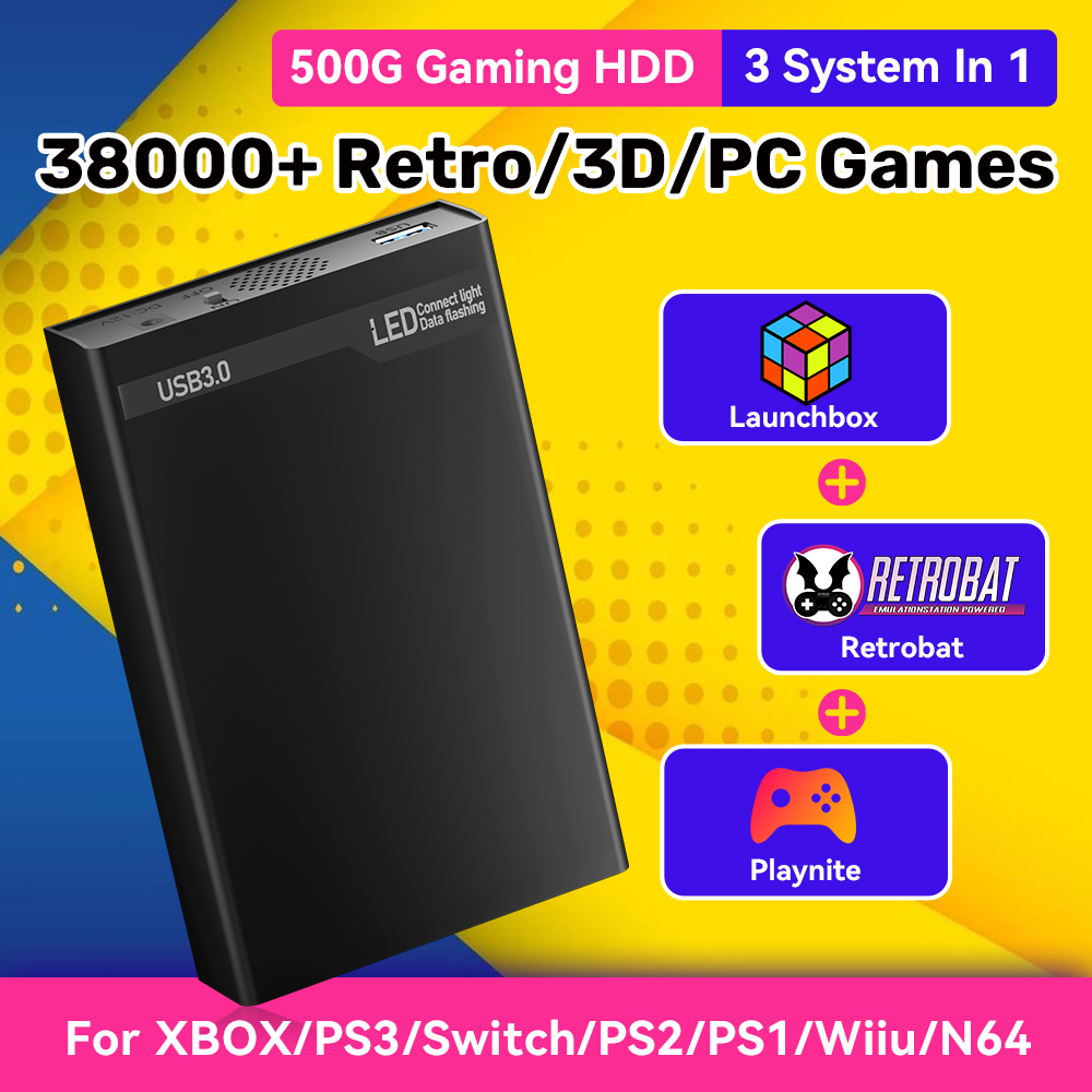 Retro Gaming Hard Drive - Mix500G 휴대용 게임 하드 드라이브 (N64/PS3/PS2/Switch/PS1/Xbox/DC